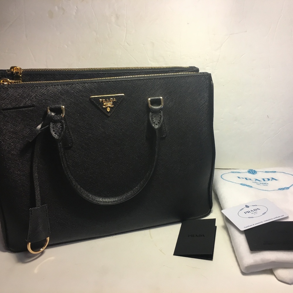 Prada Saffiano Lux Double Zip Black Leather Bag